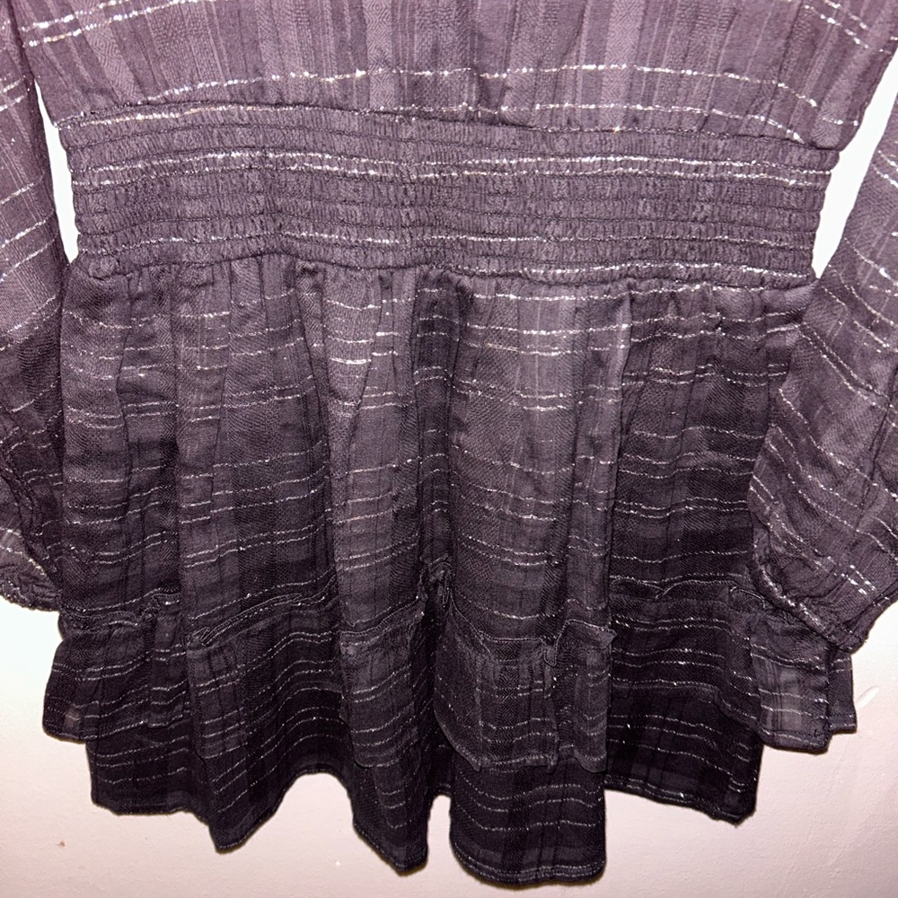 Vacate the Label Dress - black long sleeve ruffle mini length w/silver metallic - Picture 8 of 11